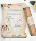 <p>Stoc Limitat</p><p>Invitație de nuntă confecţionată dintr-un carton de culoare maronie cu ţinutele mirilor şi diverse imprimeuri florale. Textul este imprimat pe un carton separat, care se rulează și se introduce într-un tub hexagonal. Tubul are ca accesoriu o bandă cu iniţialele mirilor.&nbsp;</p>